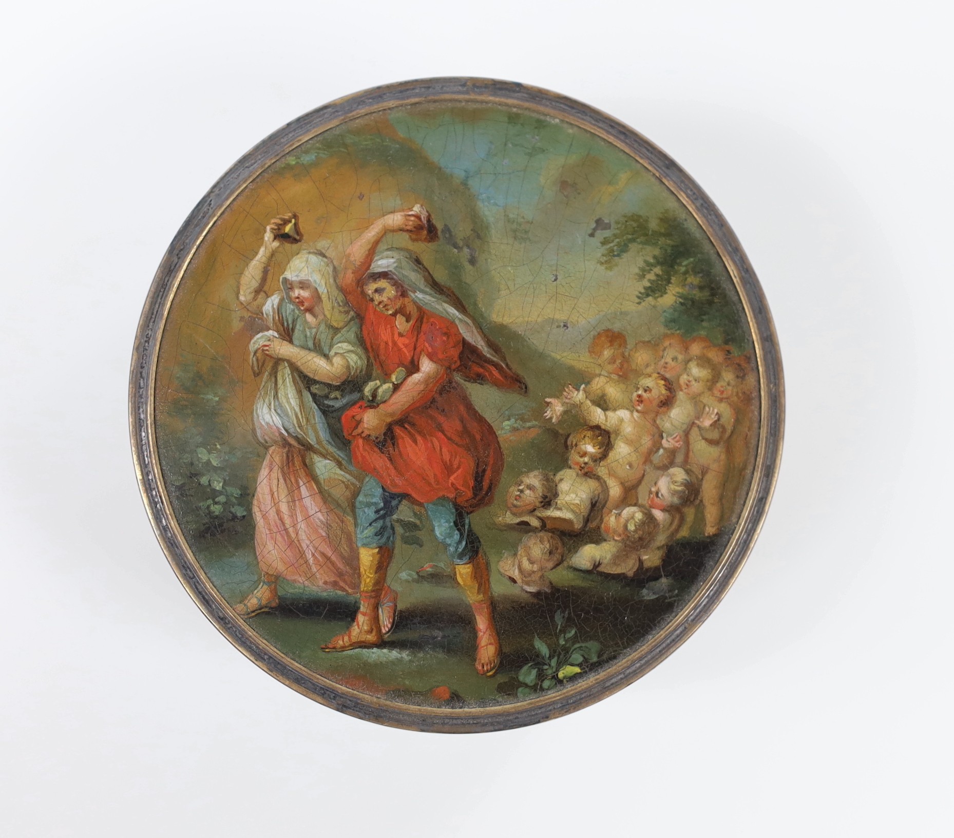 An 18th century Vernis Martin cylindrical box and cover, 8cm